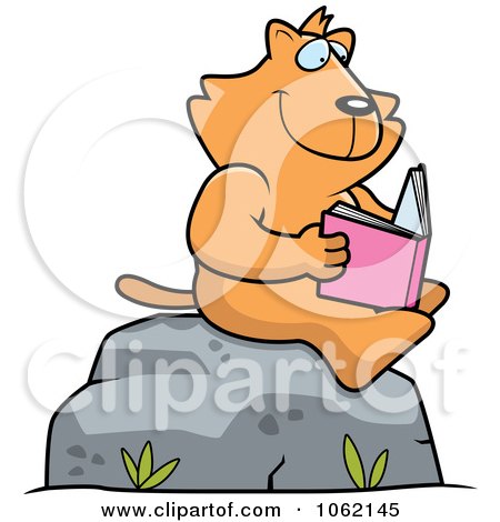 Clipart Cat Reading A Book On A Boulder - Royalty Free Vector Illustration by Cory Thoman