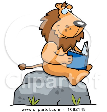 Clipart Lion Reading A Book On A Boulder - Royalty Free Vector Illustration by Cory Thoman
