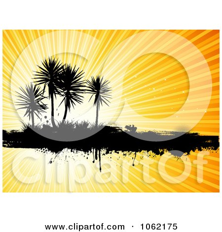 Clipart Silhouetted Grungy Palm Tree Island Against Rays - Royalty Free Vector Illustration by KJ Pargeter