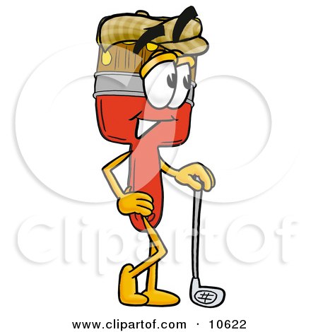 Clipart Picture of a Paint Brush Mascot Cartoon Character Leaning on a Golf Club While Golfing by Mascot Junction