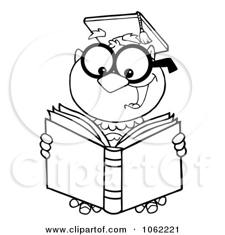 Clipart Outlined Professor Owl Reading - Royalty Free Vector School Illustration by Hit Toon