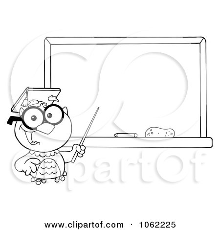 Clipart Outlined Professor Owl And Chalk Board - Royalty Free Vector Illustration by Hit Toon