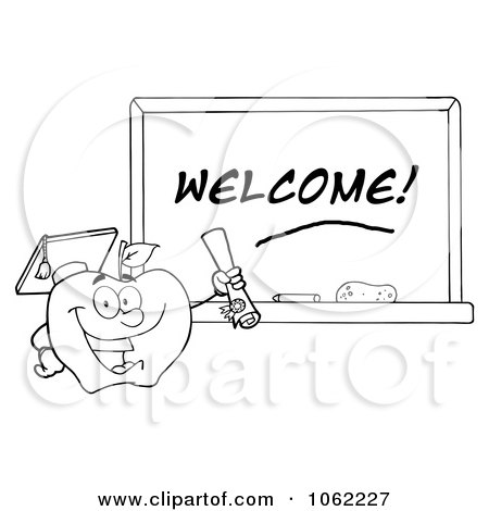 Clipart Outlined Professor Apple And Diploma By Welcome Chalkboard - Royalty Free Vector Illustration by Hit Toon