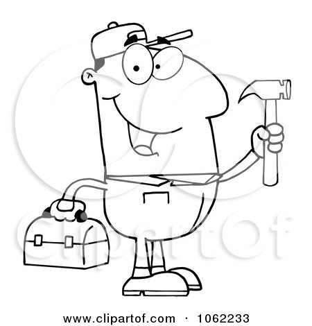 Clipart Outlined Repair Man With A Hammer And Tool Box - Royalty Free