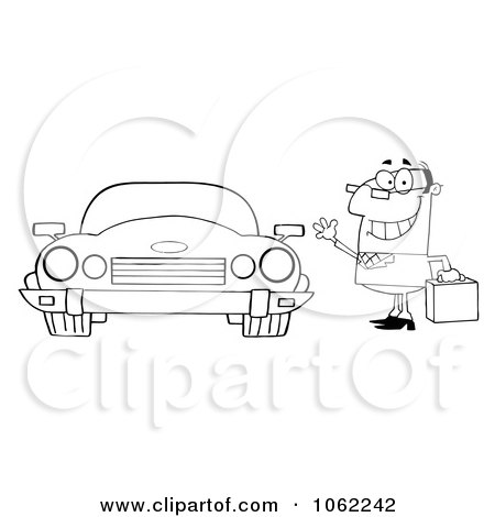 Clipart Outlined Businessman And Convertible Car - Royalty Free Vector Automotive Illustration by Hit Toon