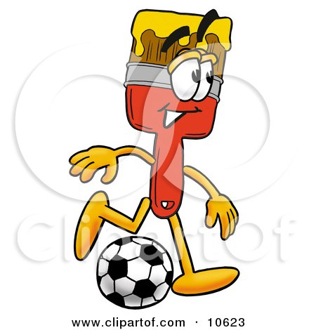 Clipart Picture of a Paint Brush Mascot Cartoon Character Kicking a Soccer Ball by Mascot Junction