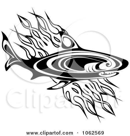 Clipart Tribal Shark And Flames In Black And White - Royalty Free Vector Illustration by Vector Tradition SM