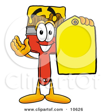 Clipart Picture of a Paint Brush Mascot Cartoon Character Holding a Yellow Sales Price Tag by Mascot Junction