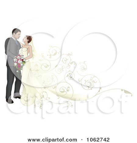 Clipart Wedding Couple With A Floral Train - Royalty Free Vector Illustration by AtStockIllustration