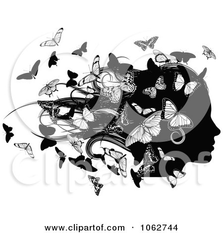 Clipart Silhouetted Female Head With Butterflies - Royalty Free Vector Illustration by AtStockIllustration