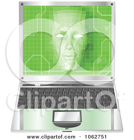 Clipart 3d Virtual Face Over A Laptop - Royalty Free Vector Illustration by AtStockIllustration