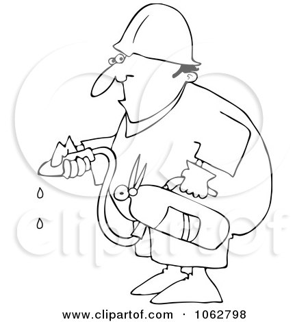 Clipart Outlined Worker Using An Extinguisher - Royalty Free Vector Illustration by djart