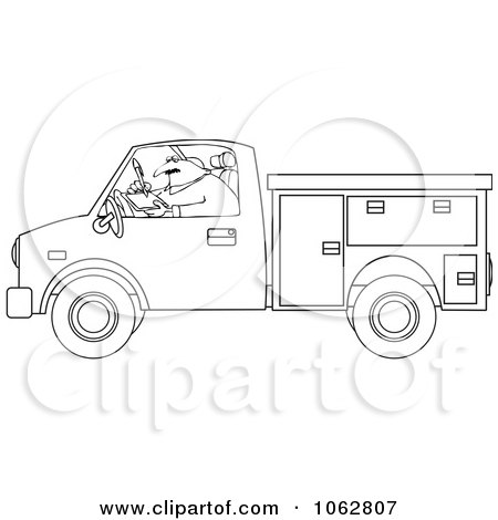 Clipart Outlined Worker Writing In A Utility Truck - Royalty Free Vector Illustration by djart