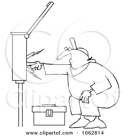 Clipart Outlined Electrician Touching A Power Box - Royalty Free Vector Illustration by djart