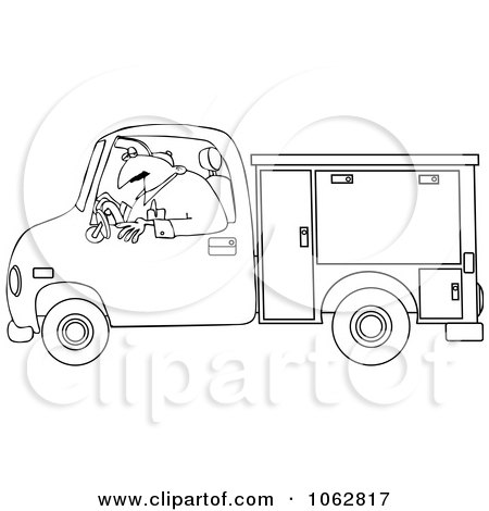 Clipart Outlined Worker Driving A Utility Truck - Royalty Free Vector Illustration by djart