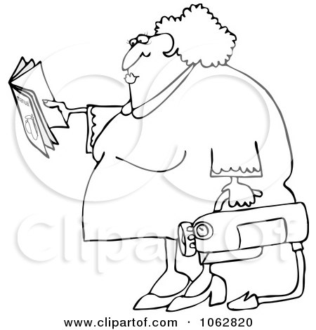 Clipart Outlined Woman Reading Extinguisher Manual - Royalty Free Vector Illustration by djart