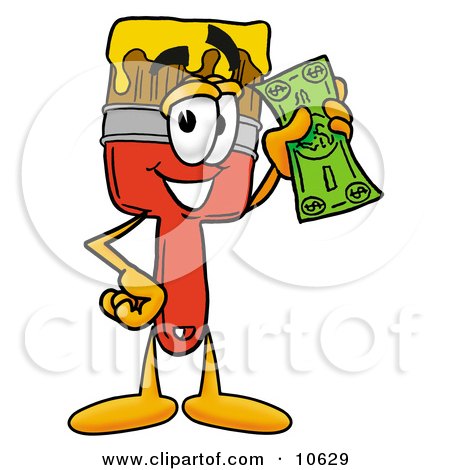 Clipart Picture of a Paint Brush Mascot Cartoon Character Holding a Dollar Bill by Mascot Junction