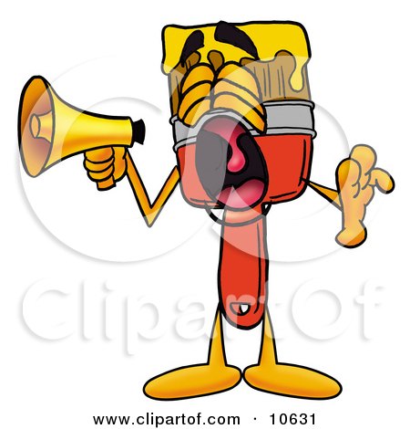 Clipart Picture of a Paint Brush Mascot Cartoon Character Screaming Into a Megaphone by Mascot Junction
