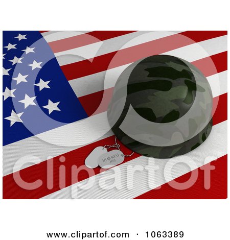 Clipart 3d Memorial Day Dog Tags And Helmet On A Flag - Royalty Free CGI Illustration by BNP Design Studio
