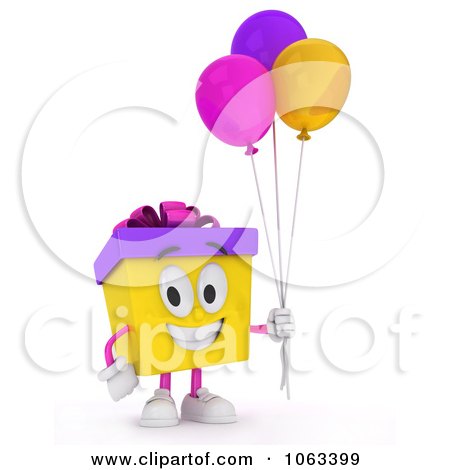 Clipart 3d Birthday Gift Character Holding Balloons 2 - Royalty Free CGI Illustration by BNP Design Studio