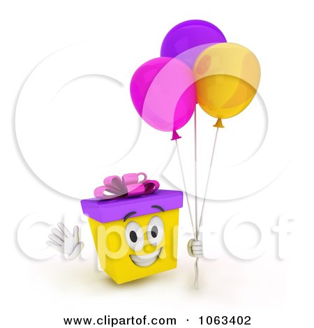 Clipart 3d Birthday Gift Character Holding Balloons 1 - Royalty Free CGI Illustration by BNP Design Studio