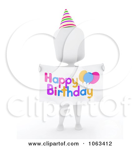 Clipart 3d Ivory Man Holding A Happy Birthday Sign - Royalty Free CGI Illustration by BNP Design Studio