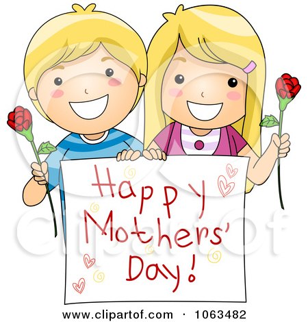Clipart Boy And Girl Holding A Happy Mothers Day Sign - Royalty Free Vector Illustration by BNP Design Studio