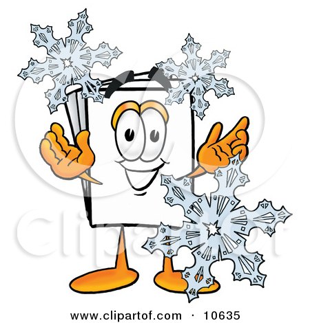 Clipart Picture of a Paper Mascot Cartoon Character With Three Snowflakes in Winter by Mascot Junction