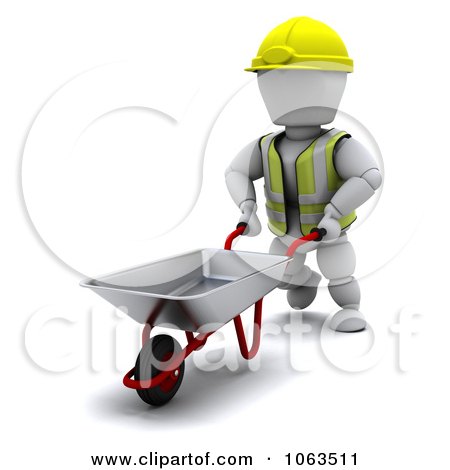 Clipart 3d White Character Construction Worker Using A Wheelbarrow - Royalty Free CGI Illustration by KJ Pargeter