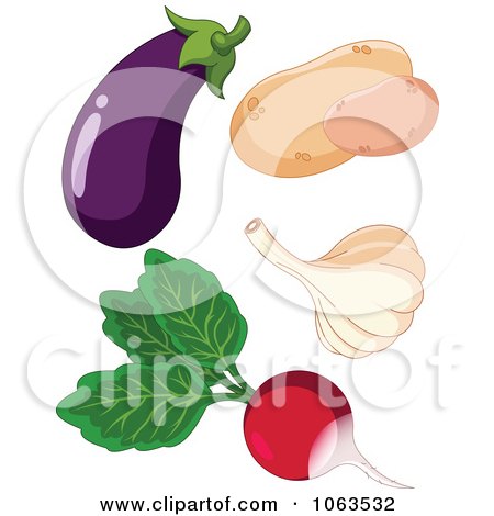 Clipart Eggplant, Potatoes, Garlic And Radish Digital Collage - Royalty Free Vector Illustration by Pushkin