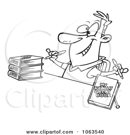 Clipart Author Signing Books Black And White Outline - Royalty Free Vector Illustration by toonaday