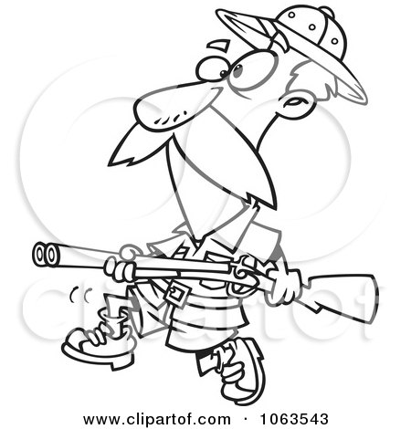 Clipart Big Game Hunter With A Rifle Black And White Outline - Royalty Free Vector Illustration by toonaday