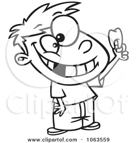 Clipart Proud Boy Holding His Tooth Black And White Outline - Royalty Free Vector Illustration by toonaday