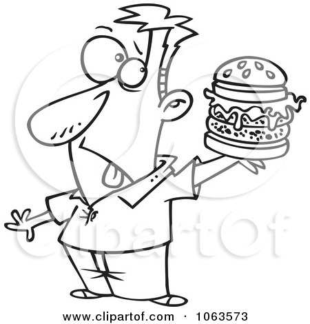 Clipart Man Holding A Reject Burger Black And White Outline - Royalty Free Vector Illustration by toonaday