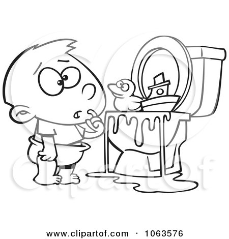 Clipart Boy With Toys In The Toilet Black And White Outline - Royalty Free Vector Illustration by toonaday