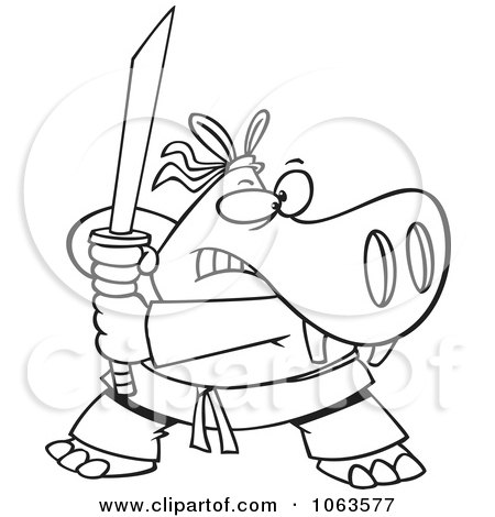 Clipart Hippo Ninja Black And White Outline - Royalty Free Vector Illustration by toonaday