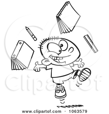 Clipart Happy School Boy Ready For Vacation Black And White Outline - Royalty Free Vector Illustration by toonaday