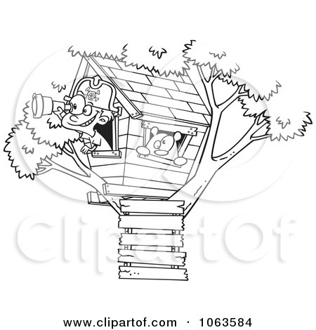 Clipart Pirate Boy In His Tree House Black And White Outline - Royalty Free Vector Illustration by toonaday