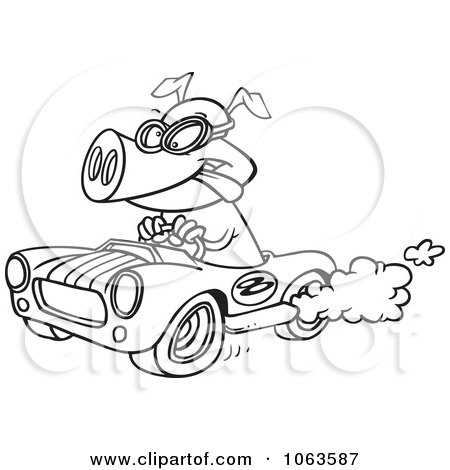 Clipart Pig Racing A Hot Rod Black And White Outline - Royalty Free Vector Illustration by toonaday