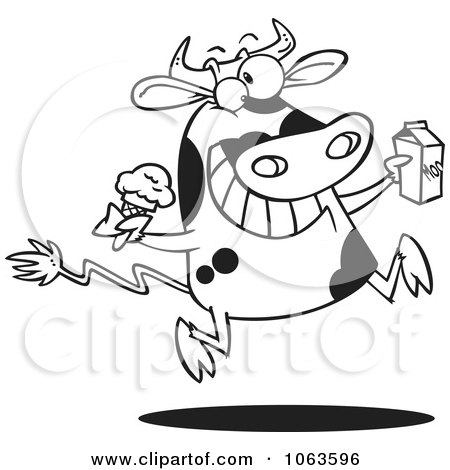Clipart Dairy Cow With Ice Cream And Milk Black And White Outline - Royalty Free Vector Illustration by toonaday