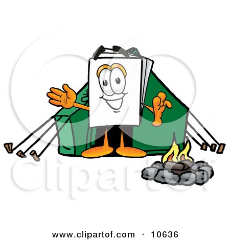 Clipart Picture of a Paper Mascot Cartoon Character Camping With a Tent and Fire by Mascot Junction