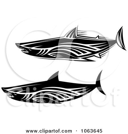 Clipart Tribal Sharks Black And White Digital Collage 2 - Royalty Free Vector Illustration by Vector Tradition SM