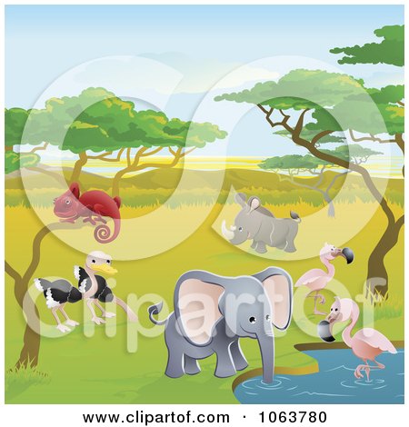 Clipart Safari Animals At A Watering Hole - Royalty Free Vector Illustration by AtStockIllustration