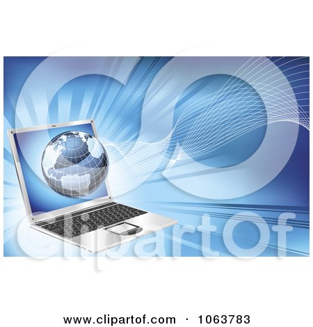 Clipart 3d Globe And Waves Over A Laptop - Royalty Free Vector Illustration by AtStockIllustration