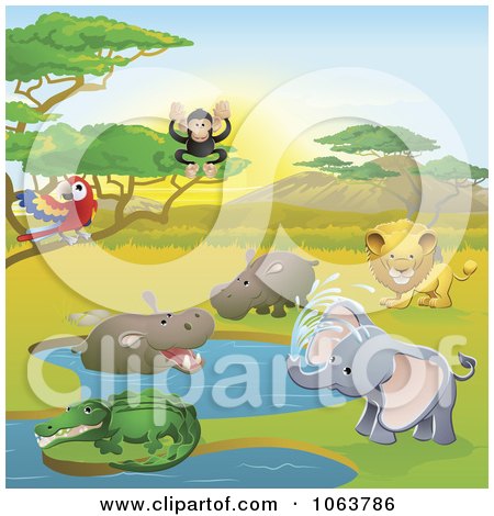 Clipart Safari Animals In A Watering Hole - Royalty Free Vector Illustration by AtStockIllustration
