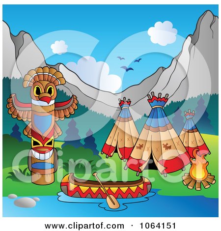 Clipart Canoe, Totem Pole And Teepees At Camp - Royalty Free Vector Illustration by visekart
