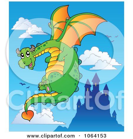 Clipart Dragon In Flight Near A Castle - Royalty Free Vector Illustration by visekart