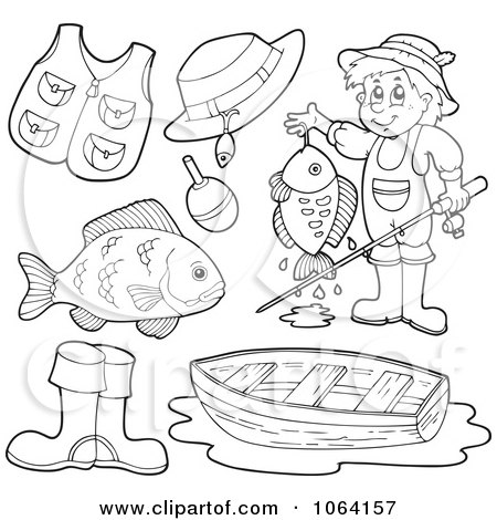 Clipart Outlined Fishing Items Digital Collage - Royalty Free Vector Illustration by visekart
