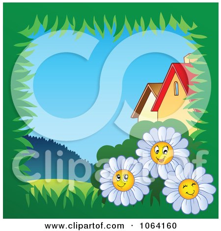 Clipart Grassy Daisy Frame By Houses - Royalty Free Vector Illustration by visekart