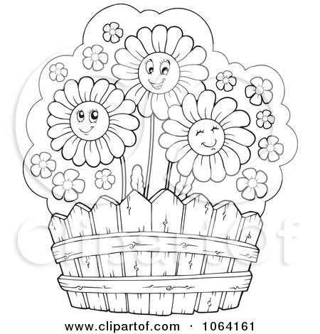 Clipart Outlined Daisies By A Fence - Royalty Free Vector Illustration by visekart